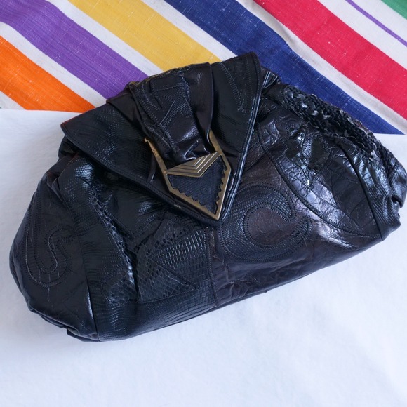 Sharif Handbags - Vintage 80s Sharif black leather patchwork clutch/crossbody bag